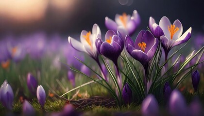 beautiful violet crocuses grow in meadow early spring flowers
