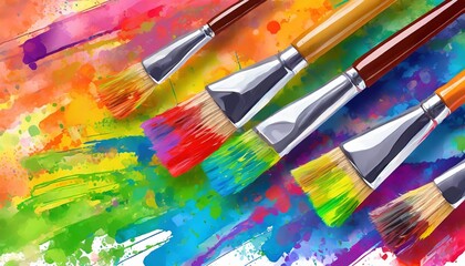 bright multicolored creative background a group of brushes with paint on the background of a multicolored spectrum canvas the idea of creativity banner team