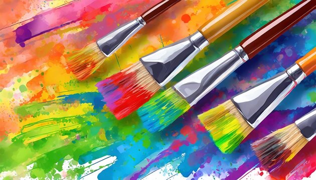 bright multicolored creative background a group of brushes with paint on the background of a multicolored spectrum canvas the idea of creativity banner team