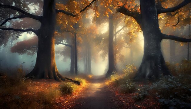 a forest path among oak trees on a misty autumn morning