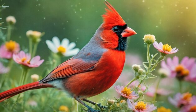 male northern cardinal in a flower field generated illustration