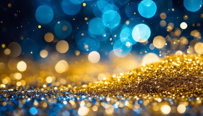 Fototapeta na wymiar blue and gold bokeh particles abstract background festive christmas gold and blue glitter