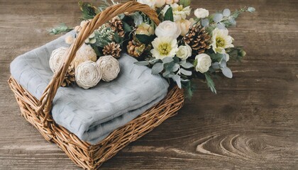 newborn digital background winter flowers basket prop for newborn for boys and girls wood back shoot set up with prop bed and wood backdrop unisex pastel grey monochrome decoration gender neutral