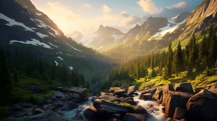 Mountain river in the summer forest. Mountain landscape. Panorama.