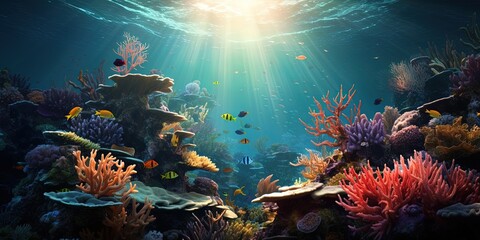 Fototapeta na wymiar Tranquil underwater world with vibrant coral, small fish, and glistening sunlight filtering through water