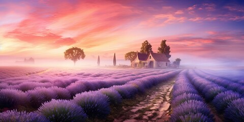 Fototapeta premium Sunrise brings a mystical mist over the tranquil lavender fields with a cottage highlighted against the glowing sky