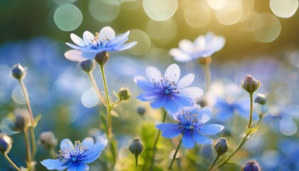 delicate blue flowers bathed in soft light with a dreamy bokeh effect in the background