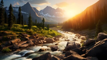 Panoramic view of a mountain river at sunset. Rocky Mountain National Park, Colorado, USA.
