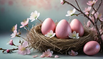 Fototapeta na wymiar beautiful pink easter eggs in nest and spring flowers against delicate pastel background holiday greeting card