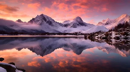  Panoramic image of snow covered mountains reflected in lake at sunset © Iman