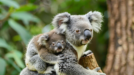 Cuddly baby koala clinging to its mothers