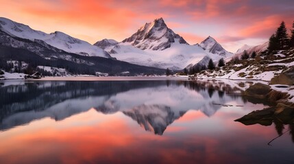 Panoramic view of snow-capped mountain peaks reflected in calm lake.