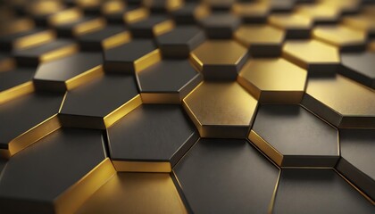 hexagon background in gold and black colors 3d render