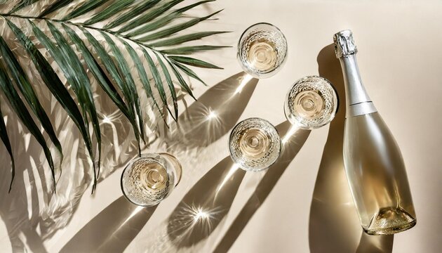 flat lay with white sparkling wine bottle set glasses wine with sunshine shadow palm leaf on light beige background white wine champagne aesthetic photo summer holiday monochrome still life