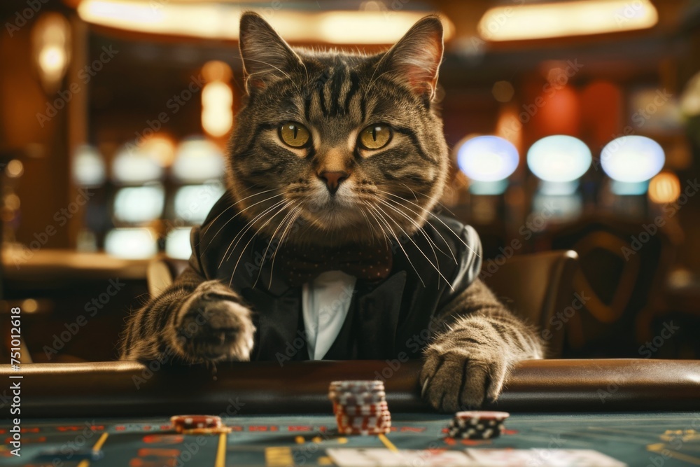 Wall mural A croupier cat in a suit sits at a playing table in a casino. gambling. poker for money. leisure. looking at the camera