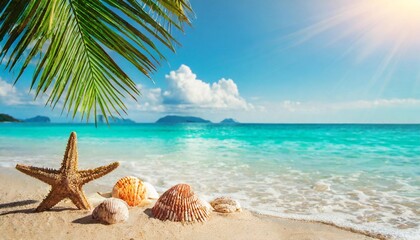 Fototapeta na wymiar sunny tropical beach with turquoise water summer holidays vacation background seashells in sand palm tree on the beach