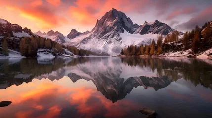 Poster Panoramic view of alpine lake at sunset, Swiss Alps © Iman