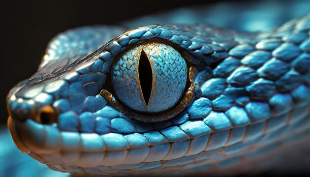 close up of the eye of a blue snake on a black background blue viper snake closeup face generated