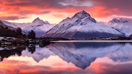 Fototapeta na wymiar Panoramic image of snow capped mountains reflected in lake at sunset