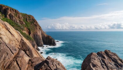 Fototapeta na wymiar closeup view of rock at coastline with seaside view