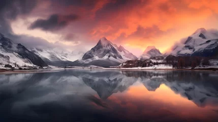 Rolgordijnen Panoramic view of snow-capped mountains reflected in lake at sunset © Iman