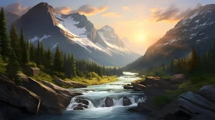 Fototapeten Panoramic view of the mountain river at sunset. Mountain landscape. © Iman