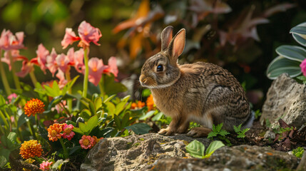 Naklejka na ściany i meble Curious baby bunny exploring a garden