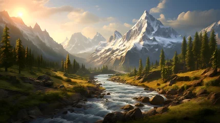 Gardinen Mountain landscape with a river at sunset. Panoramic view © Iman