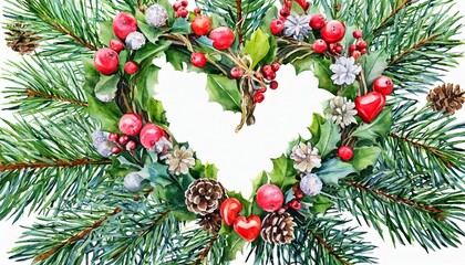 Fototapeta na wymiar watercolor christmas heart shaped wreath isolated clipart