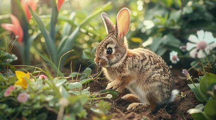 Naklejka na ściany i meble Curious baby bunny exploring a garden