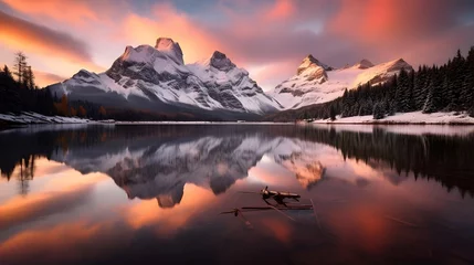 Gordijnen Mountains reflected in the lake at sunset, Canadian Rockies, Alberta, Canada © Iman