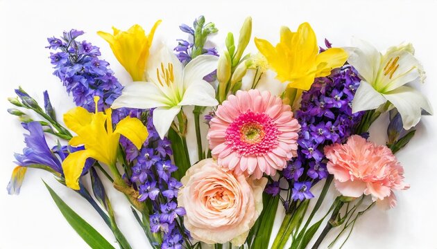 collection summer of flowers bouquet freesia carnation hyacinth lily eremurus gladiolus bell iris daffodil phlox delphinium isolated on a white background top view flat lay