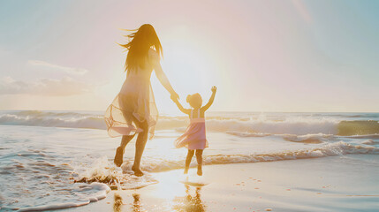mother with her daughter on the beach shore in a beautiful sunset symbolizing mother's love