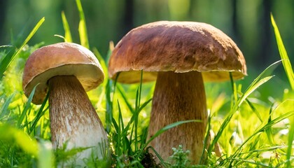 porcini mushrooms between fresh green grass in the sunny forest close up - obrazy, fototapety, plakaty
