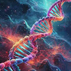 DNA helix, Deoxyribonucleic acid is a thread-like chain of nucleotides carrying the genetic instructions used in the growth, development of all known living organisms. ai generative - obrazy, fototapety, plakaty