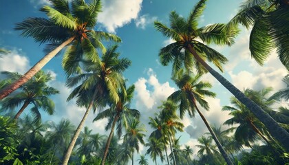 Fototapeta na wymiar green palm trees against blue sky and white clouds tropical jungle forest with bright blue sky panoramic nature banner idyllic natural landscape looking up low point of view summer traveling