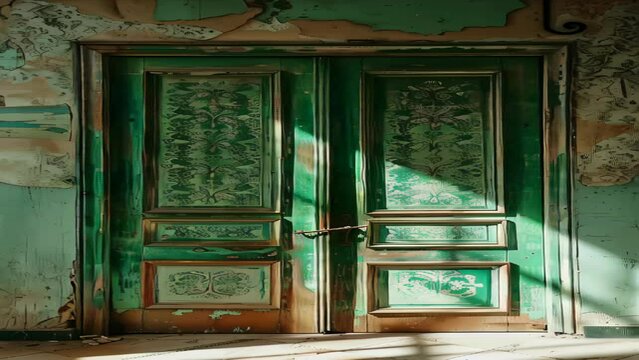 Old green door in an abandoned house with peeling paint and cracked walls
