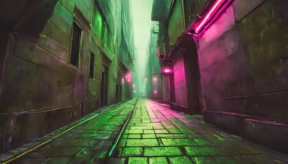 scifi dystopia post apocalyptic city narrow street lime green and pink lights concept art digital painting cinematic