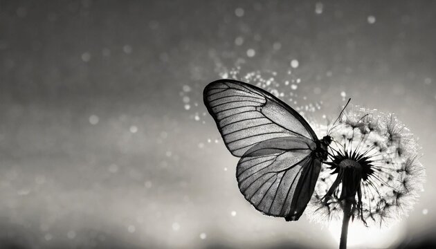 Fototapeta natural black and white background morpho butterfly and dandelion seeds of a dandelion flower in droplets of dew on a background of sunrise soft focus copy spaces
