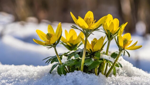 a group of yellow flowers sitting on top of snow covered ground winter aconite flowers