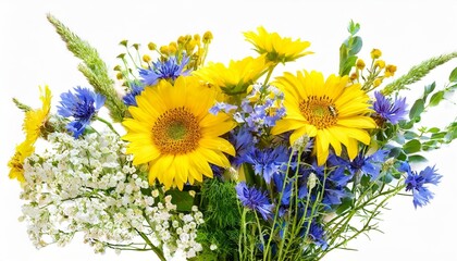 bouquet of yellow and blue wildflowers and herbs isolated on white background element for creating collage or design postcards wedding decor and invitations