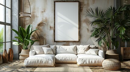 Frame mockup, ISO A paper size. Living room wall poster mockup. Interior mockup with house background. Modern interior design. 3D render