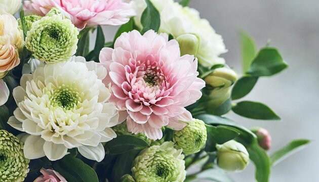 gentle close up of spring flowers delicate pastel colored blooms for seasonal greetings invites pale green and light pink card banner