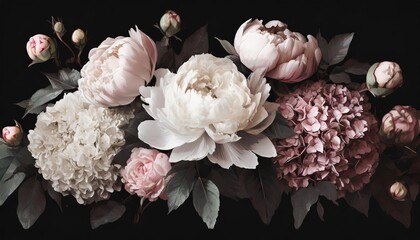 floral banner flower cover or header with vintage bouquets pink peonies white roses hydrangea isolated on black background