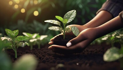 Obraz premium female hands planting young plants garden concept