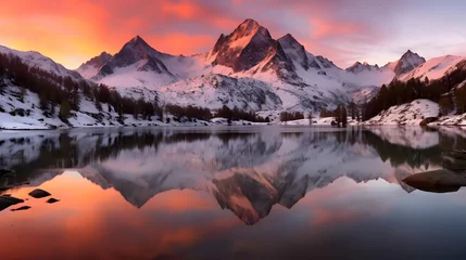 Foto auf Acrylglas Panoramic view of snow capped mountain peaks reflected in the lake. © Iman