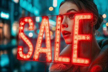 young woman sale concept, holding a fifty percent sign in the hand, copy space on red background - obrazy, fototapety, plakaty