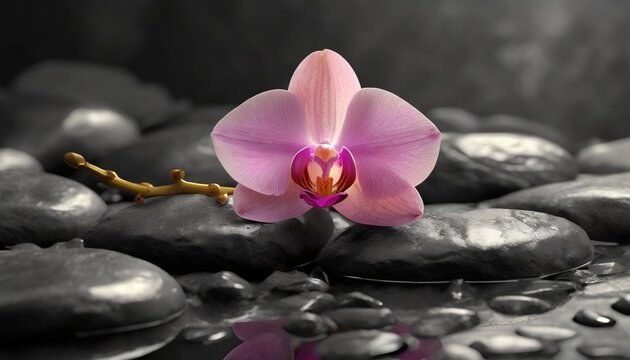 pink orchid lies on black stones