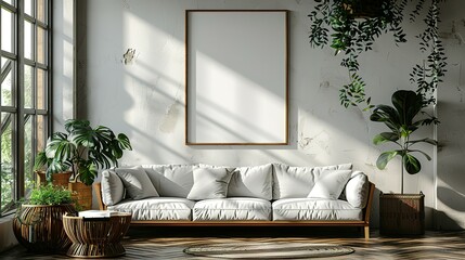 Frame mockup, ISO A paper size. Living room wall poster mockup. Interior mockup with house background. Modern interior design. 3D render