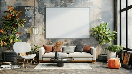 Frame mockup, ISO A paper size. Living room wall poster mockup. Interior mockup with house background. Modern interior design. 3D render